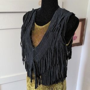 Vintage Forever 21 Fringe Black Leather Biker Vest Boho Festival F21 XXI Medium